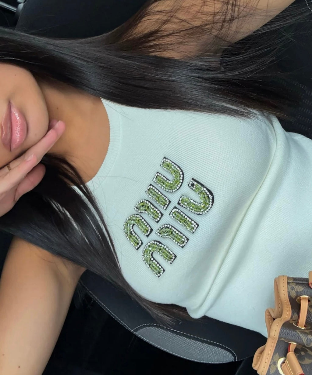 TOP MIU STRASS BLANC / VERT