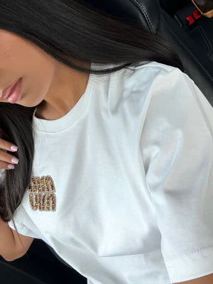 T-SHIRT MIU STRASS BLANC/MARRON